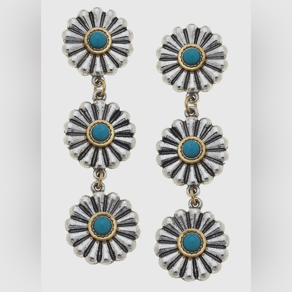 Silver and Gold Floral Earrings with Turquoise Accents